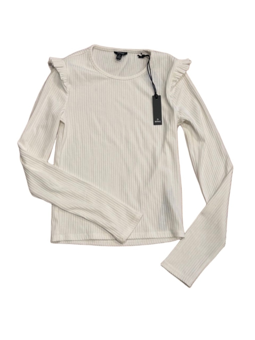 NWT Nordstrom Buffalo white ribbed knit ruffle shoulder long  sleeve top S